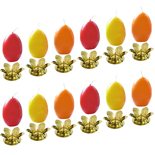 AUSWAHL Farbe + Menge - Eikerzen Dekoeier Kerze Osterei Eierkerzen farbig sortiert 4,5 x 6,5 cm inkl. Kerzenständer aus Metall - hier: 12 Stück [rot, gelb, orange] von Meissner-Handel