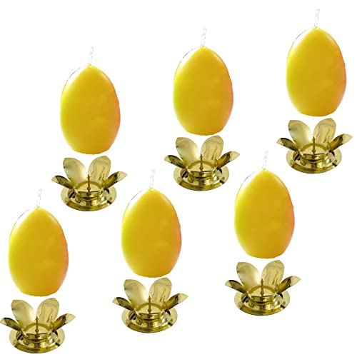 AUSWAHL Farbe + Menge - Eikerzen Dekoeier Kerze Osterei Eierkerzen farbig sortiert 4,5 x 6,5 cm inkl. Kerzenständer aus Metall - hier: 6 Stück [gelb] von Meissner-Handel