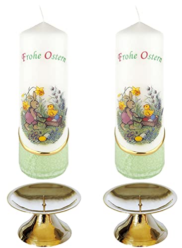 Auswahl * 2 Stück Osterkerze Stumpenkerze Osterdeko * 6 x 18 cm * inkl. 2 Kerzenständer aus Messing * mit farbigen Wachs- und Bildauflagen * Auswahl Motiv + Farbe * grün * (Serie 2 - Set 05/-2) von Meissner-Handel
