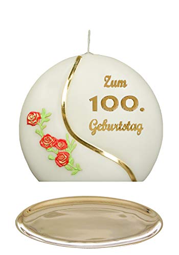 Auswahl * Jubiläumskerze/Geburtstagskerze ''Zum 100. Geburtstag'' * rot * mit farbigen Wachsauflagen * inkl. Kerzenständer aus Messing * ('Diskus 001') Auswahl Motiv + Farbe von Meissner-Handel