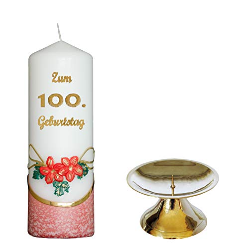 Auswahl * Jubiläumskerze/Geburtstagskerze ''Zum 100. Geburtstag'' * rot * mit farbigen Wachsauflagen * inkl. Kerzenständer aus Messing * (Motiv 002) Auswahl Motiv + Farbe von Meissner-Handel