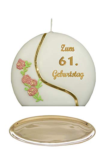 Auswahl * Jubiläumskerze/Geburtstagskerze ''Zum 61. Geburtstag'' * Terracotta * mit farbigen Wachsauflagen * inkl. Kerzenständer aus Messing * ('Diskus 001') Auswahl Motiv + Farbe von Meissner-Handel