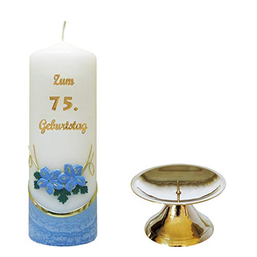 Auswahl * Jubiläumskerze/Geburtstagskerze ''Zum 75. Geburtstag'' * blau * mit farbigen Wachsauflagen * inkl. Kerzenständer aus Messing * (Motiv 002) Auswahl Motiv + Farbe von Meissner-Handel