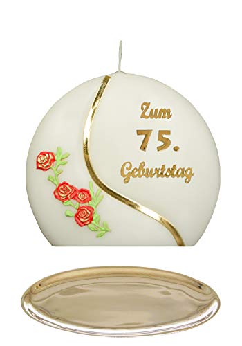 Auswahl * Jubiläumskerze/Geburtstagskerze ''Zum 75. Geburtstag'' * rot * mit farbigen Wachsauflagen * inkl. Kerzenständer aus Messing * ('Diskus 001') Auswahl Motiv + Farbe von Meissner-Handel