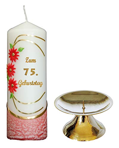 Auswahl * Jubiläumskerze/Geburtstagskerze ''Zum 75. Geburtstag'' * rot * mit farbigen Wachsauflagen * inkl. Kerzenständer aus Messing * (Motiv 021) Auswahl Motiv + Farbe von Meissner-Handel