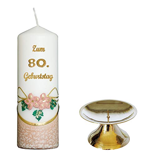 Auswahl * Jubiläumskerze/Geburtstagskerze ''Zum 80. Geburtstag'' * Terracotta * mit farbigen Wachsauflagen * inkl. Kerzenständer aus Messing * (Motiv 002) Auswahl Motiv + Farbe von Meissner-Handel