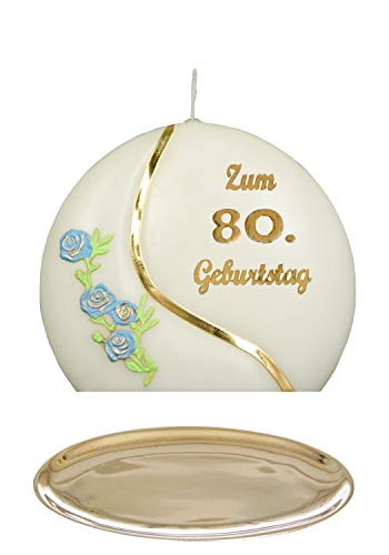 Auswahl * Jubiläumskerze/Geburtstagskerze ''Zum 80. Geburtstag'' * blau * mit farbigen Wachsauflagen * inkl. Kerzenständer aus Messing * ('Diskus 001') Auswahl Motiv + Farbe von Meissner-Handel