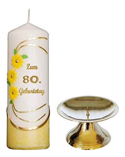 Auswahl * Jubiläumskerze/Geburtstagskerze ''Zum 80. Geburtstag'' * gelb * mit farbigen Wachsauflagen * inkl. Kerzenständer aus Messing * (Motiv 021) Auswahl Motiv + Farbe von Meissner-Handel