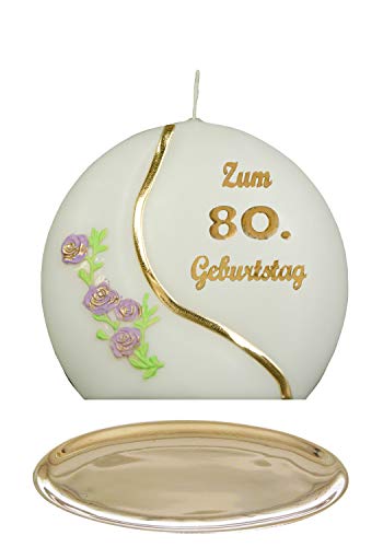 Auswahl * Jubiläumskerze/Geburtstagskerze ''Zum 80. Geburtstag'' * lila * mit farbigen Wachsauflagen * inkl. Kerzenständer aus Messing * ('Diskus 001') Auswahl Motiv + Farbe von Meissner-Handel