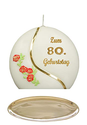 Auswahl * Jubiläumskerze/Geburtstagskerze ''Zum 80. Geburtstag'' * rot * mit farbigen Wachsauflagen * inkl. Kerzenständer aus Messing * ('Diskus 001') Auswahl Motiv + Farbe von Meissner-Handel