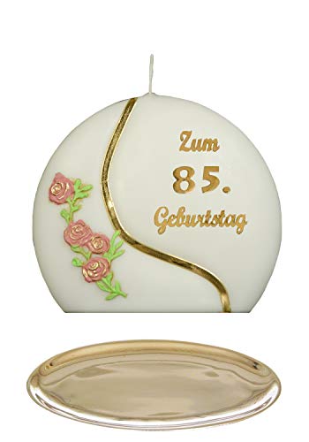 Auswahl * Jubiläumskerze/Geburtstagskerze ''Zum 85. Geburtstag'' * Terracotta * mit farbigen Wachsauflagen * inkl. Kerzenständer aus Messing * ('Diskus 001') Auswahl Motiv + Farbe von Meissner-Handel