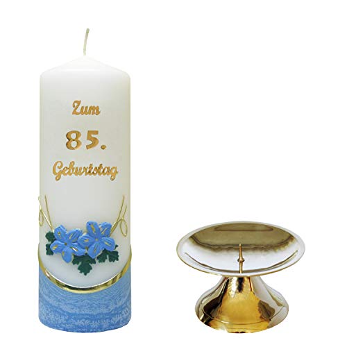 Auswahl * Jubiläumskerze/Geburtstagskerze ''Zum 85. Geburtstag'' * blau * mit farbigen Wachsauflagen * inkl. Kerzenständer aus Messing * (Motiv 002) Auswahl Motiv + Farbe von Meissner-Handel