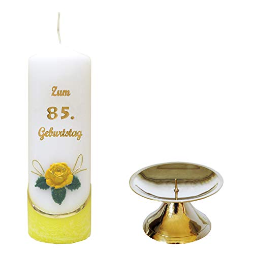Auswahl * Jubiläumskerze/Geburtstagskerze ''Zum 85. Geburtstag'' * gelb * mit farbigen Wachsauflagen * inkl. Kerzenständer aus Messing * (Motiv 001) Auswahl Motiv + Farbe von Meissner-Handel
