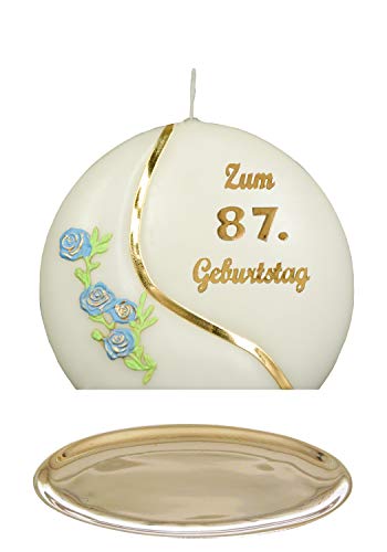 Auswahl * Jubiläumskerze/Geburtstagskerze ''Zum 87. Geburtstag'' * blau * mit farbigen Wachsauflagen * inkl. Kerzenständer aus Messing * ('Diskus 001') Auswahl Motiv + Farbe von Meissner-Handel