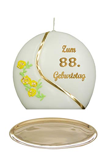 Auswahl * Jubiläumskerze/Geburtstagskerze ''Zum 88. Geburtstag'' * gelb * mit farbigen Wachsauflagen * inkl. Kerzenständer aus Messing * ('Diskus 001') Auswahl Motiv + Farbe von Meissner-Handel