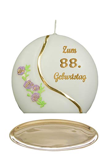 Auswahl * Jubiläumskerze/Geburtstagskerze ''Zum 88. Geburtstag'' * lila * mit farbigen Wachsauflagen * inkl. Kerzenständer aus Messing * ('Diskus 001') Auswahl Motiv + Farbe von Meissner-Handel