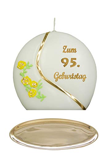 Auswahl * Jubiläumskerze/Geburtstagskerze ''Zum 95. Geburtstag'' * gelb * mit farbigen Wachsauflagen * inkl. Kerzenständer aus Messing * ('Diskus 001') Auswahl Motiv + Farbe von Meissner-Handel