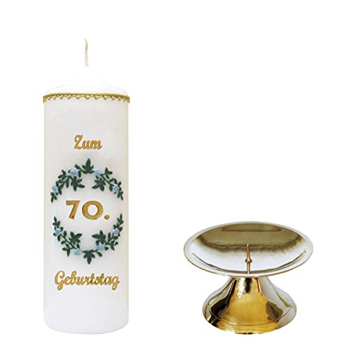 Auswahl * handverzierte Geburtstagskerze ''Zum 70. Geburtstag'' * hellblau * m. farbigen Wachsauflagen * mit Kerzenständer aus Messing * (Motiv #004) * Auswahl Motiv + Farbe von Meissner-Handel