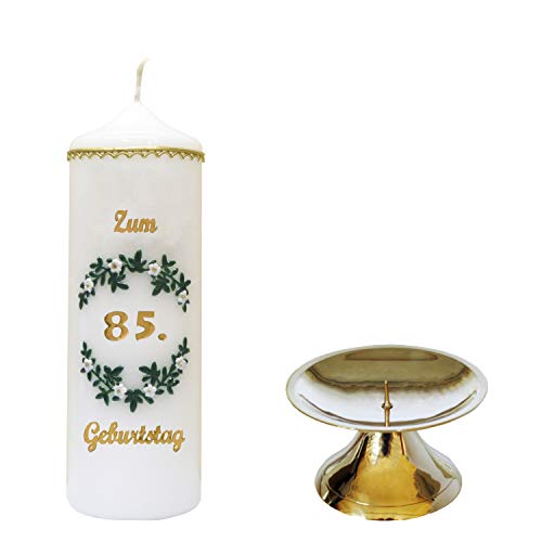 Auswahl * handverzierte Geburtstagskerze ''Zum 85. Geburtstag'' * weiß * m. farbigen Wachsauflagen * mit Kerzenständer aus Messing * (Motiv #004) * Auswahl Motiv + Farbe von Meissner-Handel