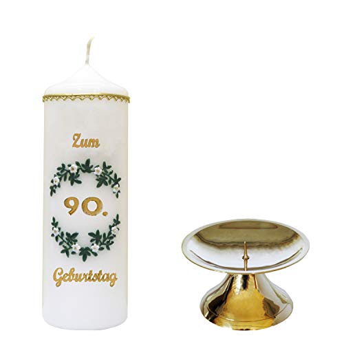 Auswahl * handverzierte Geburtstagskerze ''Zum 90. Geburtstag'' * weiß * m. farbigen Wachsauflagen * mit Kerzenständer aus Messing * (Motiv #004) * Auswahl Motiv + Farbe von Meissner-Handel