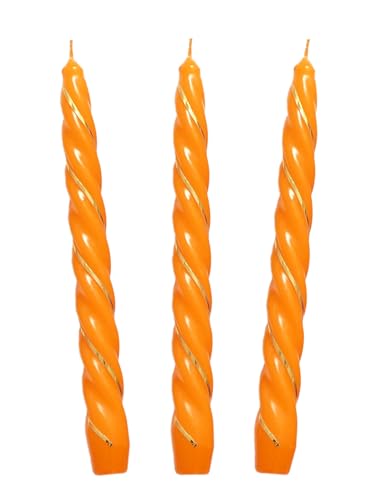 Auswahl Farbe + Menge - gold verzierte Spiralkerze Spitzkerze Stabkerze Renaissancekerze Tafelkerze Leuchterkerze ca. Ø 22 x 220 mm gedreht hier: 3 Kerzen orange (matt) / gold von Meissner-Handel