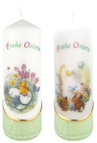 Meissner-Handel Auswahl * 2 Stück Osterkerze Stumpenkerze Osterdeko * 6 x 18 cm * mit farbigen Wachs- und Bildauflagen * Auswahl Motiv + Farbe * grün * (Serie 2 - Set 15/-2) von Meissner-Handel