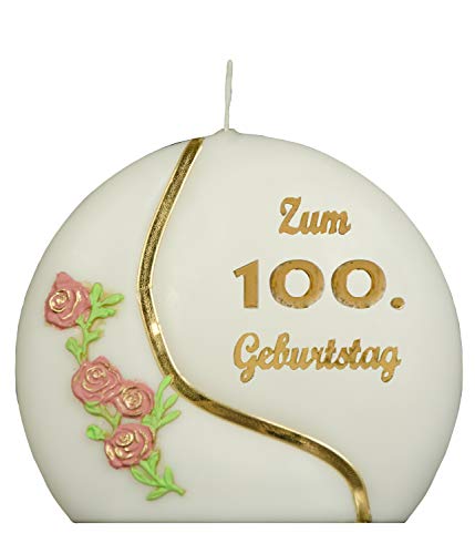 Meissner-Handel Auswahl * Jubiläumskerze/Geburtstagskerze ''Zum 100. Geburtstag'' * Terracotta * mit farbigen Wachsauflagen * ('Diskus 001') Auswahl Motiv + Farbe von Meissner-Handel