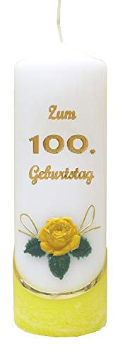 Meissner-Handel Auswahl * Jubiläumskerze/Geburtstagskerze ''Zum 100. Geburtstag'' * gelb * mit farbigen Wachsauflagen * (Motiv 001) Auswahl Motiv + Farbe von Meissner-Handel