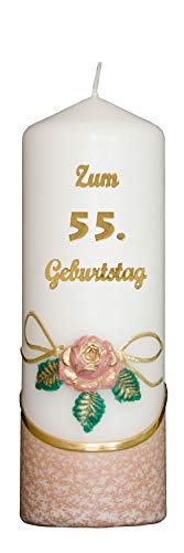 Meissner-Handel Auswahl * Jubiläumskerze/Geburtstagskerze ''Zum 55. Geburtstag'' * Terracotta * mit farbigen Wachsauflagen * (Motiv 001) Auswahl Motiv + Farbe von Meissner-Handel