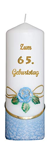 Meissner-Handel Auswahl * Jubiläumskerze/Geburtstagskerze ''Zum 65. Geburtstag'' * blau * mit farbigen Wachsauflagen * (Motiv 001) Auswahl Motiv + Farbe von Meissner-Handel