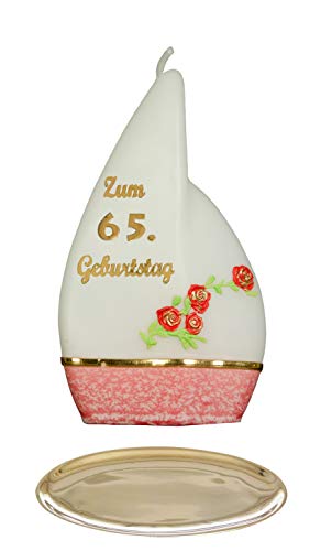 Meissner-Handel Auswahl * Jubiläumskerze/Geburtstagskerze ''Zum 65. Geburtstag'' * rot * mit farbigen Wachsauflagen * inkl. Kerzenständer aus Messing * (Motiv 'Flamme 001') Auswahl Motiv + Farbe von Meissner-Handel