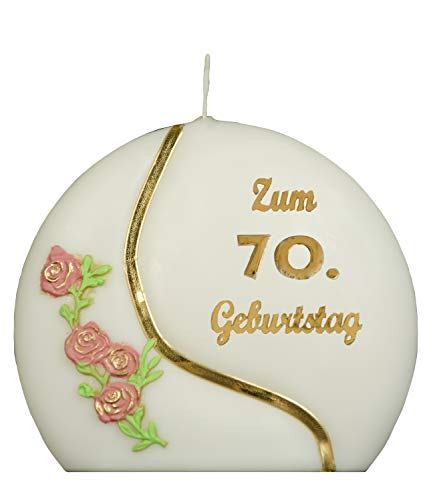 Meissner-Handel Auswahl * Jubiläumskerze/Geburtstagskerze ''Zum 70. Geburtstag'' * Terracotta * mit farbigen Wachsauflagen * ('Diskus 001') Auswahl Motiv + Farbe von Meissner-Handel