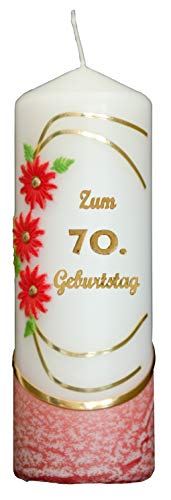 Meissner-Handel Auswahl * Jubiläumskerze/Geburtstagskerze ''Zum 70. Geburtstag'' * rot * mit farbigen Wachsauflagen * (Motiv 021) Auswahl Motiv + Farbe von Meissner-Handel