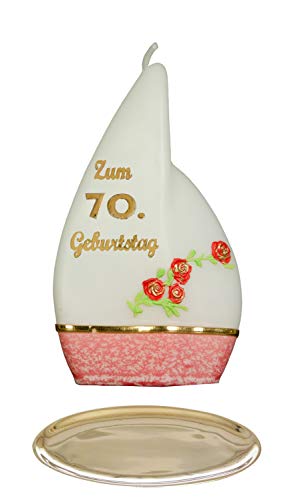 Meissner-Handel Auswahl * Jubiläumskerze/Geburtstagskerze ''Zum 70. Geburtstag'' * rot * mit farbigen Wachsauflagen * inkl. Kerzenständer aus Messing * (Motiv 'Flamme 001') Auswahl Motiv + Farbe von Meissner-Handel