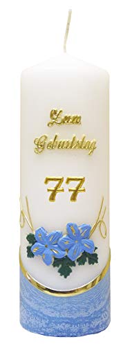 Meissner-Handel Auswahl * Jubiläumskerze/Geburtstagskerze ''Zum 77. Geburtstag'' * blau * mit farbigen Wachsauflagen * (Motiv 002) Auswahl Motiv + Farbe von Meissner-Handel