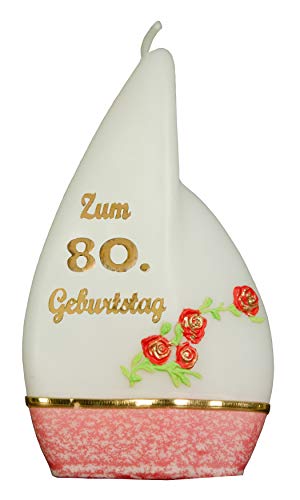 Meissner-Handel Auswahl * Jubiläumskerze/Geburtstagskerze ''Zum 80. Geburtstag'' * rot * mit farbigen Wachsauflagen * (Motiv 'Flamme 001') Auswahl Motiv + Farbe von Meissner-Handel