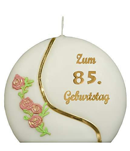 Meissner-Handel Auswahl * Jubiläumskerze/Geburtstagskerze ''Zum 85. Geburtstag'' * Terracotta * mit farbigen Wachsauflagen * ('Diskus 001') Auswahl Motiv + Farbe von Meissner-Handel