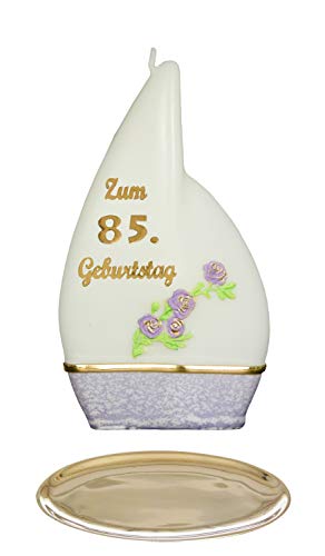 Meissner-Handel Auswahl * Jubiläumskerze/Geburtstagskerze ''Zum 85. Geburtstag'' * lila * mit farbigen Wachsauflagen * inkl. Kerzenständer aus Messing * (Motiv 'Flamme 001') Auswahl Motiv + Farbe von Meissner-Handel