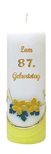 Meissner-Handel Auswahl * Jubiläumskerze/Geburtstagskerze ''Zum 87. Geburtstag'' * gelb * mit farbigen Wachsauflagen * (Motiv 002) Auswahl Motiv + Farbe von Meissner-Handel