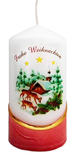 Meissner-Handel Auswahl Motiv, Weihnachtskerze 'Frohe Weihnachten' ca. 6 x 12 cm, farbig getaucht, mit farbigen Wachs- und Bildauflagen * (Motiv 035) von Meissner-Handel