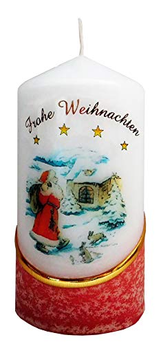 Meissner-Handel Auswahl Motiv, Weihnachtskerze 'Frohe Weihnachten' ca. 6 x 12 cm, farbig getaucht, mit farbigen Wachs- und Bildauflagen * (Motiv 036) von Meissner-Handel