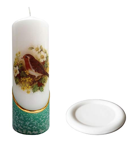 Meissner-Handel Auswahl Motiv, Weihnachtskerze 'Frohes Fest' ca. 6 x 18 cm, farbig getaucht, mit farbigen Wachs- und Bildauflagen, inkl. Keramikuntersetzer (Motiv 007-FF) von Meissner-Handel