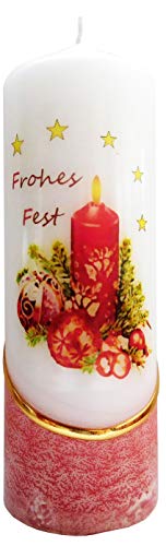 Meissner-Handel Auswahl Motiv, Weihnachtskerze 'Frohes Fest' ca. 6 x 18 cm, farbig getaucht, mit farbigen Wachs- und Bildauflagen * (Motiv 015-FF) von Meissner-Handel