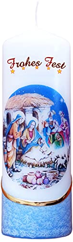 Meissner-Handel Auswahl Motiv, Weihnachtskerze 'Frohes Fest' ca. 6 x 18 cm, farbig getaucht, mit farbigen Wachs- und Bildauflagen * (Motiv 021-FF) von Meissner-Handel