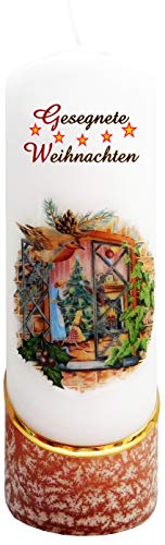 Meissner-Handel Auswahl Motiv, Weihnachtskerze 'Gesegnete Weihnachten' ca. 6 x 18 cm, farbig getaucht, mit farbigen Wachs- und Bildauflagen * (Motiv 002-GW) von Meissner-Handel