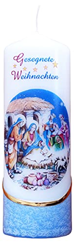 Meissner-Handel Auswahl Motiv, Weihnachtskerze 'Gesegnete Weihnachten' ca. 6 x 18 cm, farbig getaucht, mit farbigen Wachs- und Bildauflagen * (Motiv 021-GW) von Meissner-Handel