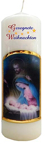Meissner-Handel Auswahl Motiv, Weihnachtskerze 'Gesegnete Weihnachten' ca. 6 x 18 cm, farbig getaucht, mit farbigen Wachs- und Bildauflagen * (Motiv 030-GW) von Meissner-Handel