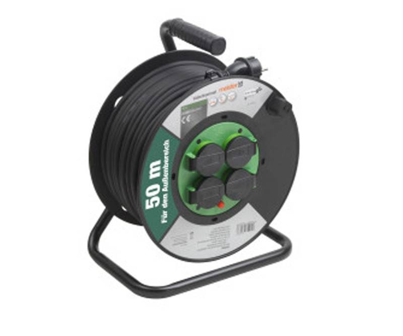 Meister Werkzeuge Kabeltrommel H05RR-F 3G1,5mm² 50m mit 4 Steckdosen Klappdeckel IP44 Kabeltrommel 4-fach (Feststellbremse, Handurbel, Thermoschalter - Überhitzung, Kabellänge 50 m), Hochwertige Gummischlauchleitung von Meister Werkzeuge