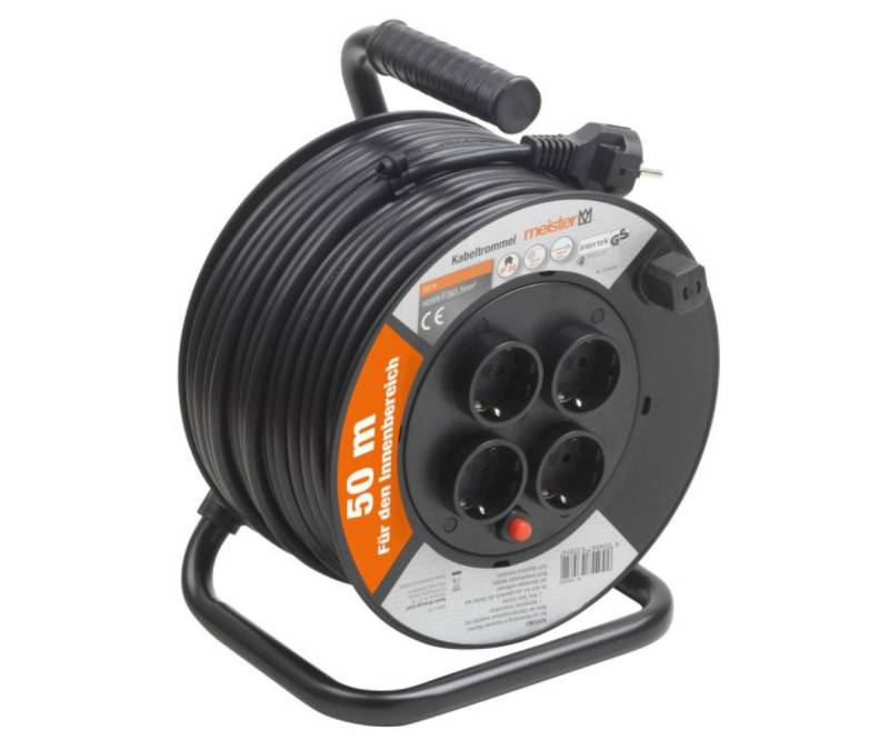Meister Werkzeuge Kabeltrommel Verlängerungskabel H05VV-F 3G1,5mm² 50m mit 4 Steckdosen Kabeltrommel 4-fach (Tragegriff, Thermoschalter, Überhitzungsschutz, Kabellänge 50 m), GS geprüft von Meister Werkzeuge
