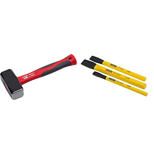 Meister Fäustel - 1250 g Kopfgewicht - Hochwertiger Stahlkopf - Komfortabler Fiberglas-Stiel & Stanley Präzisionsflachmeissel-Set (3-teilig, Chrom-Vanadium Stahl) von Meister